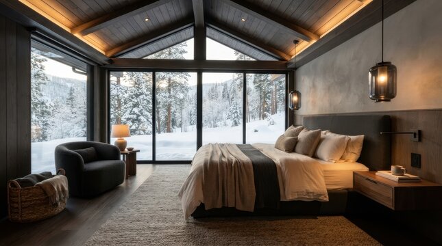 Cozy bedroom with a stunning view of a snow-covered forest landscape