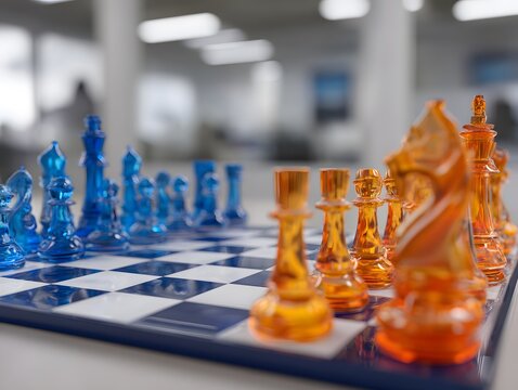 Close-up of glass chess set with colorful pieces on modern gaming table in bright room