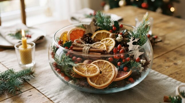 Festive Christmas centerpiece with dried oranges, cinnamon, and pinecones