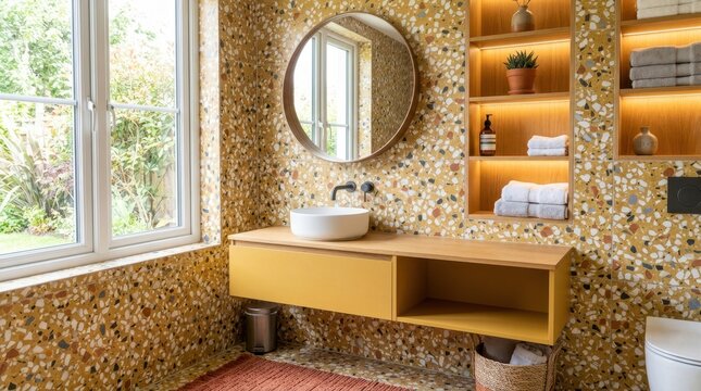 Modern bathroom vanity with terrazzo tiles and natural light from window