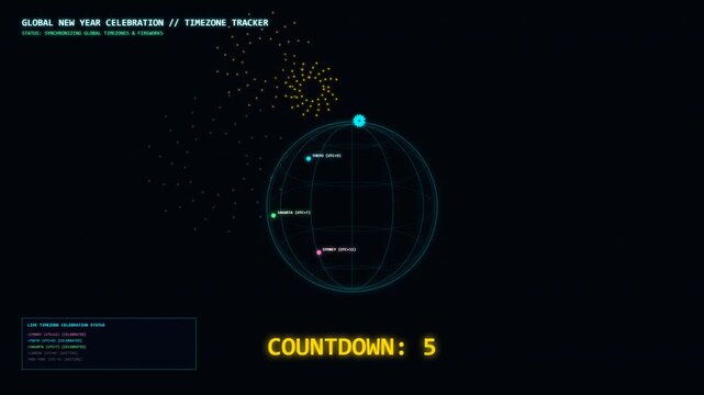 Global timezone tracker display with digital countdown and animated fireworks showing synchronized new year celebration motion graphic video clip animation