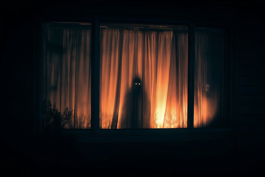 A ghostly figure with glowing eyes stands behind the curtains of an open window in a bedroom at night