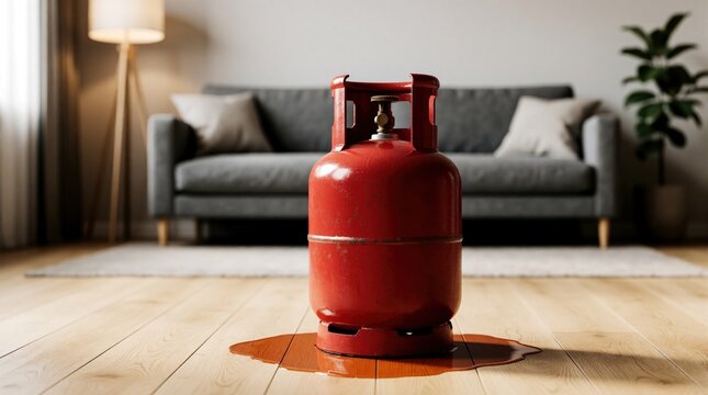 Red gas cylinder leaks liquid on wooden floor in modern living room. Danger hazard from propane butane spill near sofa. Emergency situation with messy brown liquid puddle in home interior. Safety
