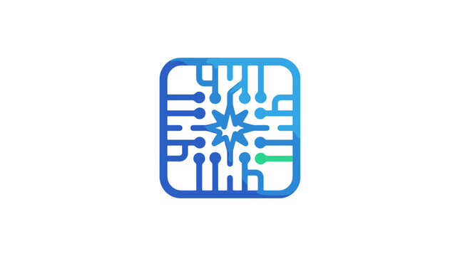 Abstract blue circuit chip icon with a central star.