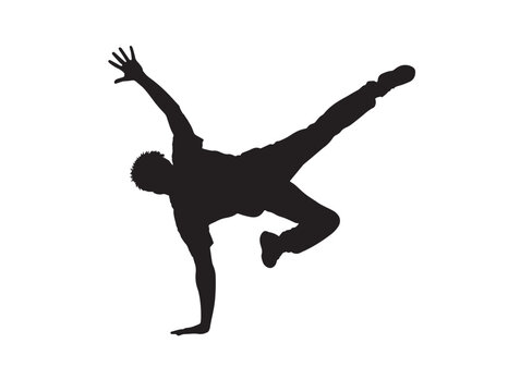 Black silhouette of a young man breakdancing doing a dynamic pose on a clean white background