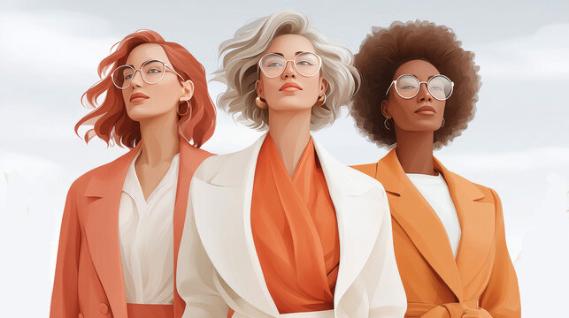 Three women of different ethnicities stand side by side, wearing stylish tailored suits in warm orange, white and terracotta tones, against a soft pale sky background.

