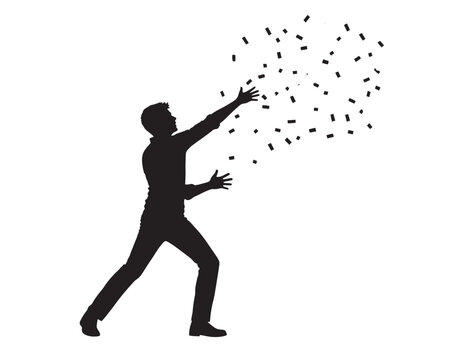 Man throwing confetti in the air celebrating a special event in a black silhouette vector art