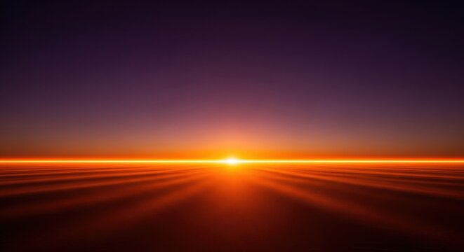 Dramatic sunset over a dark horizon with a glowing orange line of light separating the deep purple sky from the shadowed ground in a minimalist landscape composition at twilight hour