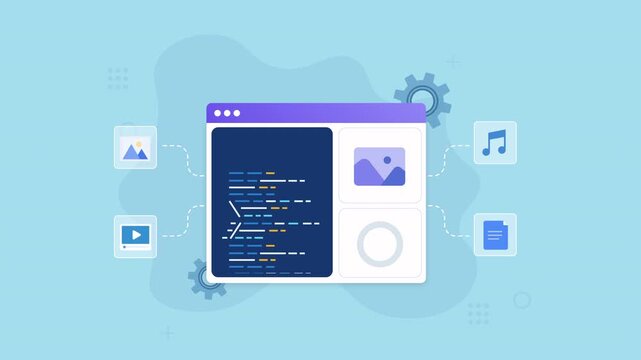 Animated web interface with code, image, video, music, and document icons, representing multimedia software, digital content, web development, and modern technology.