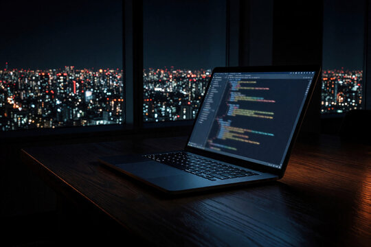 Laptop displaying code sits on wooden desk. City lights gleam through window at night. Dark room illuminated by monitor glow. Remote work on software project.