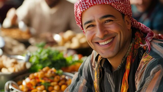 selective focus arab host welcoming guests in traditional home