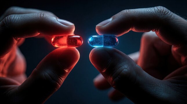 Close-up view of hands holding red and blue pills, symbolizing a critical choice or decision. This imagery relates to medical treatment options, drug use, or philosophical dilemmas.