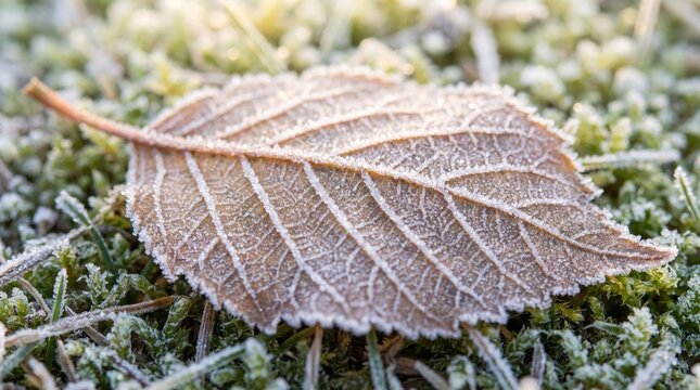 Close up of a frosty brown leaf with intricate veins resting on mossy ground