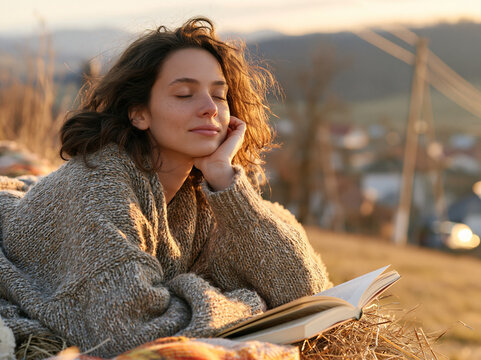 Young Woman Resting with Closed Eyes Lying on Hay Bale with Open Book