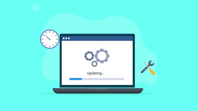 Animated laptop with updating system interface, gear icons, clock, and maintenance tools, representing software updates, system maintenance, computer technology, and digital workflows.