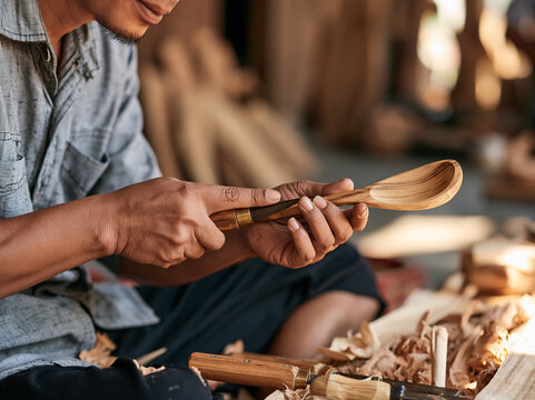 Close Up of Craftsman Hands Carving Wooden Spoon with Chisels
