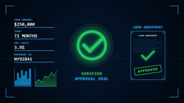 Digital HUD Interface Showing Verified Loan Approval Process with Document Stamp and Financial Data Visualization