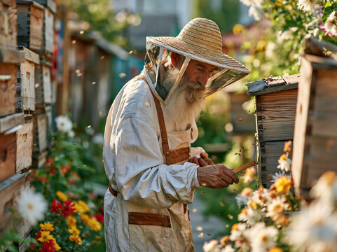 Senior Beekeeper in Protective Hat Inspecting Wooden Hives in Apiary