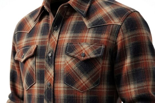 Close up of stylish plaid shirt with earth tones. Men casual button up garment features western style yoke, chest pockets. Textured cotton fabric with checkered pattern perfect for autumn fashion