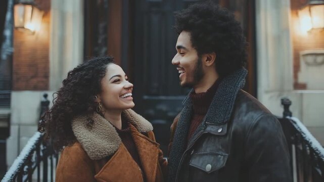 selective focus happy couple admiring their newly purchased house with excitement