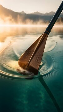 Paint brush glides across calm water surface creating ripples with close view of wooden handle and reflective lake setting under warm light, capturing motion and tranquil outdoor composition