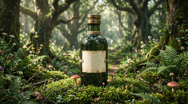 Green glass herbal extract bottle standing on moss in enchanted forest