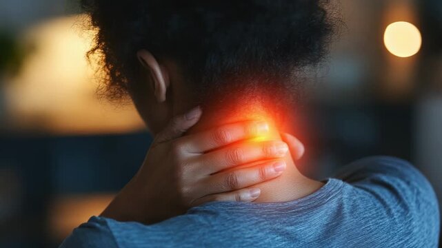 selective focus close up neck with glowing red pain and muscle tension