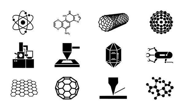 Nanotechnology Icons Set: Atomic Structures, Molecules, Nanotubes, and Graphene for Science and Technology Concepts