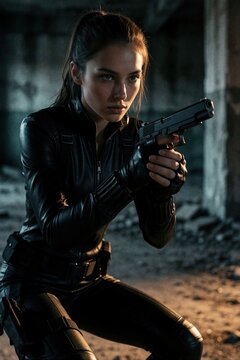 Beautiful female secret agent in black leather outfit holds silenced pistol. Young spy woman aims handgun in dark abandoned building. Dangerous female assassin wears tactical gear, gloves for special