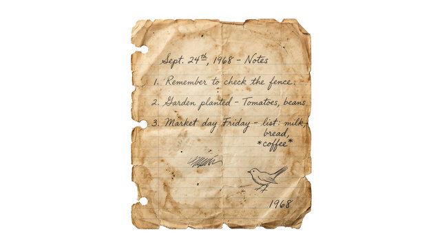 Vintage aged handwritten note on torn lined paper isolated on transparent background