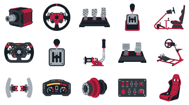A collection of various racing simulator hardware components for professional gaming setups.
