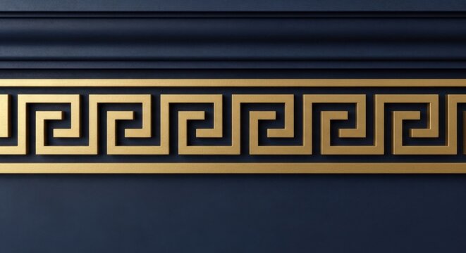 Golden greek key pattern border on a dark navy blue wall, featuring a continuous meander with metallic texture and sharp geometric lines for interior decoration and architecture