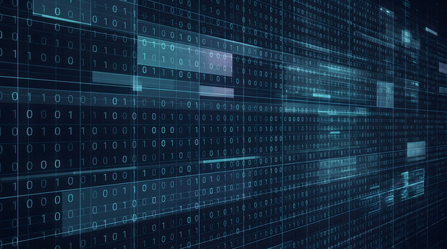 Digital Binary Data Matrix Streams Abstract Background with Glowing Blue Code Patterns