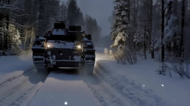 Snowbound armored vehicle traverses forest road at dusk.
