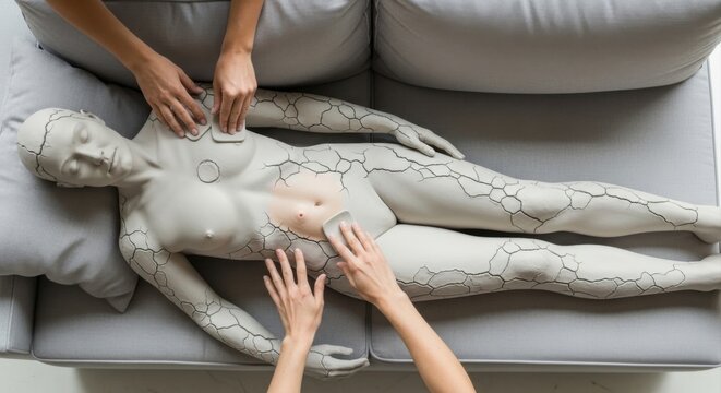 Hands of a practitioner performing a therapeutic massage on a grey mannequin body with a cracked texture pattern, focusing on the chest and abdomen area while lying on a soft grey sofa