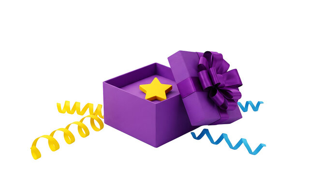 Purple gift box with yellow star inside, open surprise present with satin ribbon bow, festive celebration packaging on white background