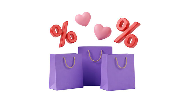 3D shopping bags with percent signs and hearts, purple retail gift bags for sale promotion, romantic discount offer illustration
