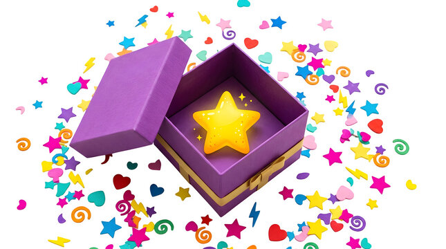 Purple gift box with glowing yellow star, open surprise present with colorful confetti, festive celebration concept on white background