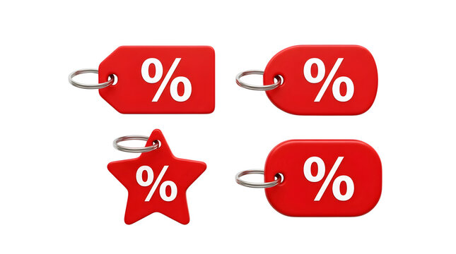 Red discount price tags with percent symbols, set of 4 sale labels on white background, retail promotion icons for shopping