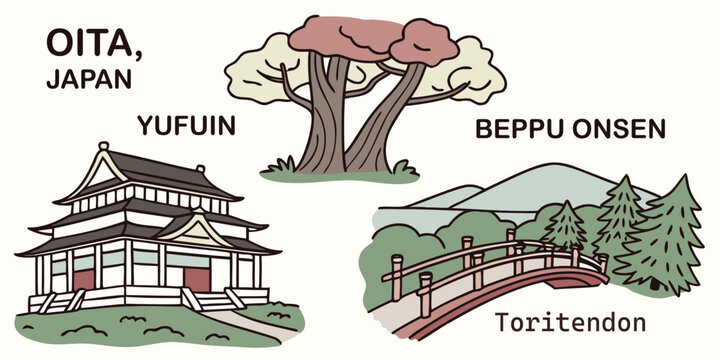 Travel graphic showcasing oita prefecture landmarks yufuin and beppu onsen with local food items.