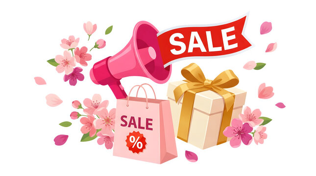 Spring sale promotion banner, pink megaphone with gift box and shopping bag, floral seasonal discount offer illustration