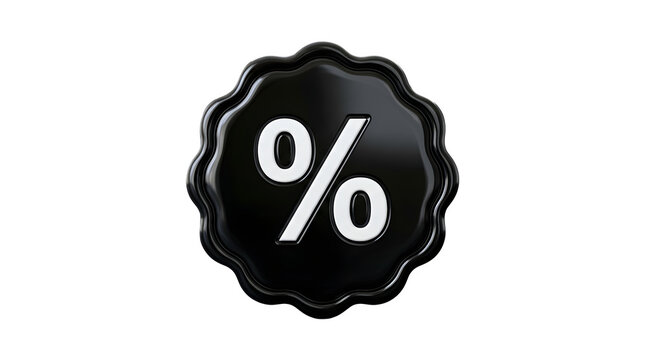Glossy black percentage badge, 3D discount seal with percent symbol, shiny promotional sticker for retail sales and offers