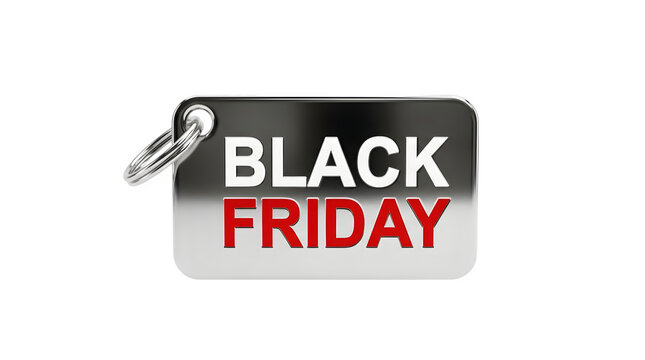 Black Friday sale tag, metallic silver price label with red text, glossy chrome retail discount badge on white background