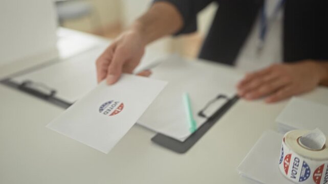 Man hands ballot envelope with voted sticker over a clipboard and pen at polling table in building; pride civic duty.