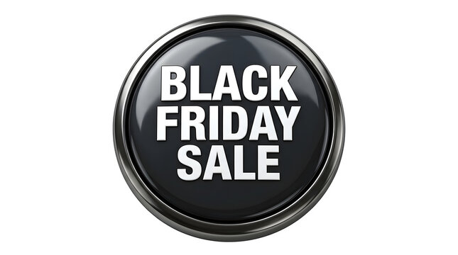 Black Friday Sale glossy button, 3D retail promotion icon, dark metallic shopping badge for seasonal discounts and marketing