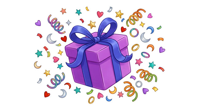 Purple gift box with blue ribbon, festive birthday present with colorful confetti, holiday celebration surprise illustration