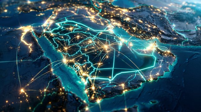 Saudi Arabia map displays glowing digital data networks across the Middle East.