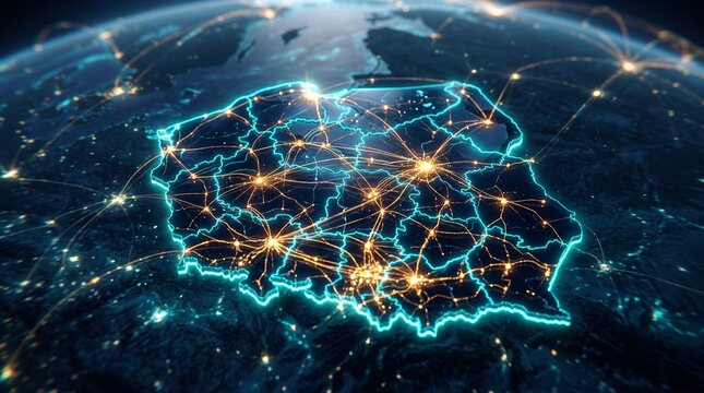 Poland map glowing with digital network connections highlights global data flow from space view.