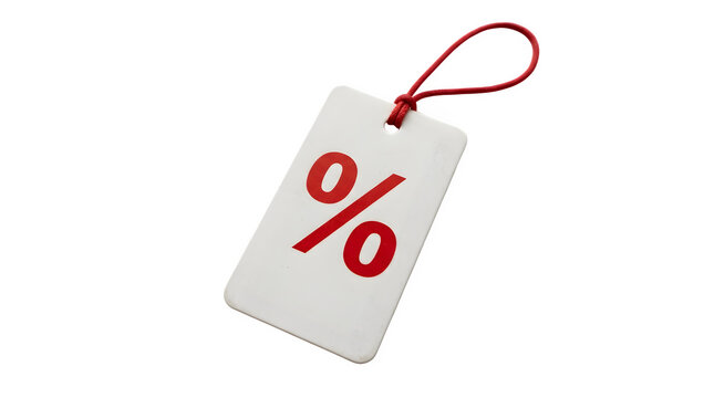White price tag with red percent symbol, retail discount label with string, sale offer tag for shopping and commerce