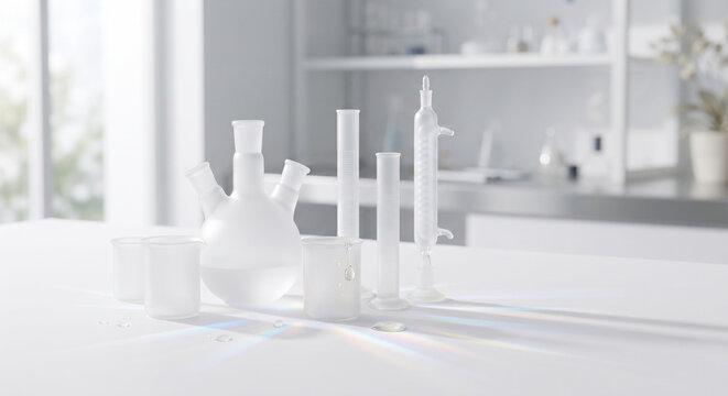 Modern minimalist laboratory backdrop, clean frosted laboratory glassware catching soft natural daylight, subtle prismatic light refractions on a pure white background, scientific skincare.